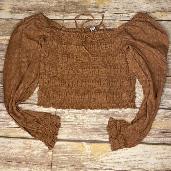 American Eagle, Brown Long Sleeve Crop Top with Ruffle Sleeves-size medium - Picture 1 of 7